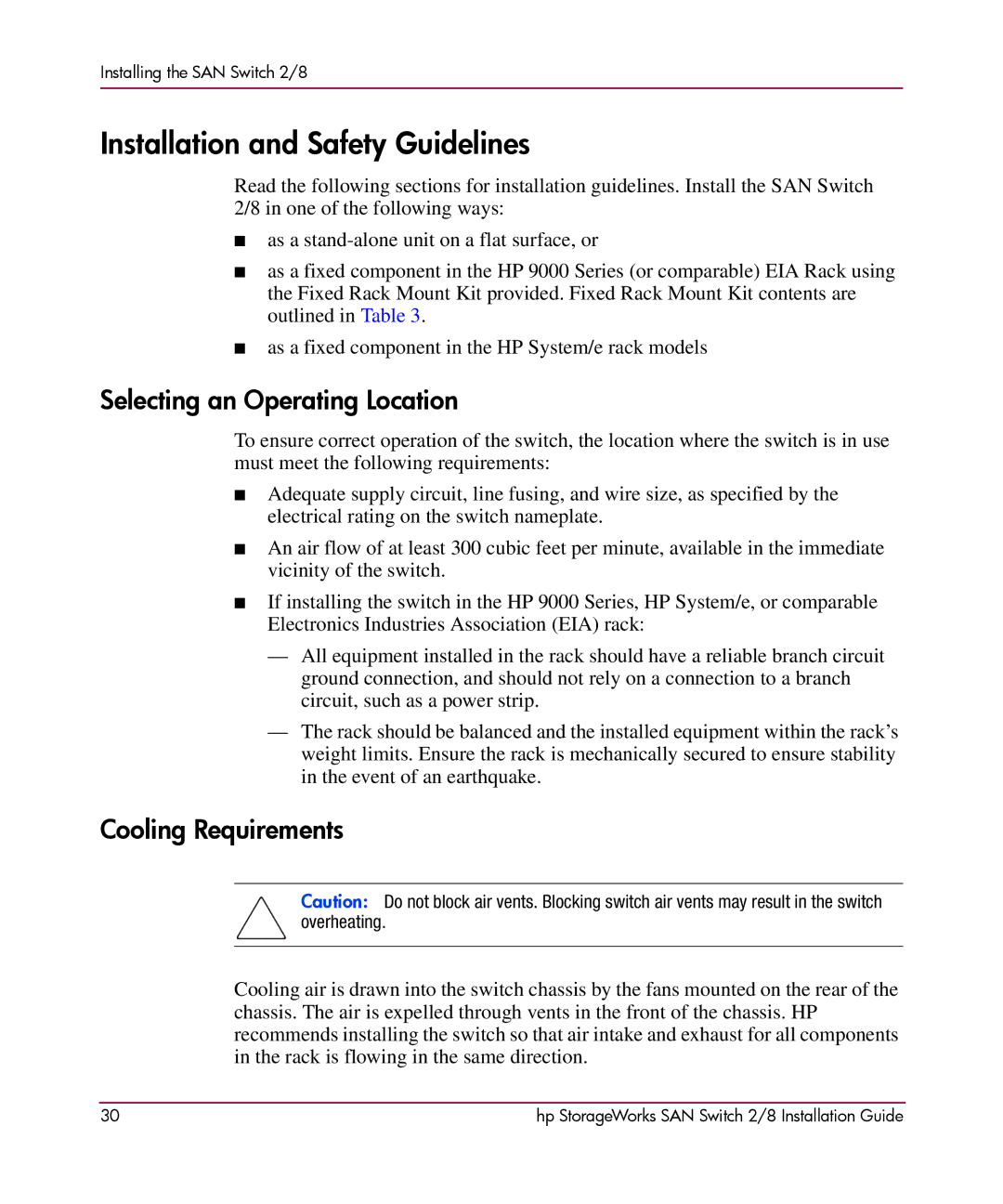 HP AA-RSB6B-TE manual Installation and Safety Guidelines, Selecting an Operating Location, Cooling Requirements 