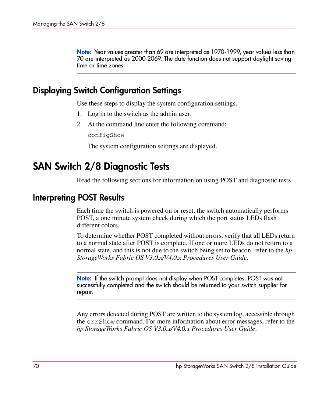 HP AA-RSB6B-TE manual SAN Switch 2/8 Diagnostic Tests, Displaying Switch Configuration Settings, Interpreting Post Results 