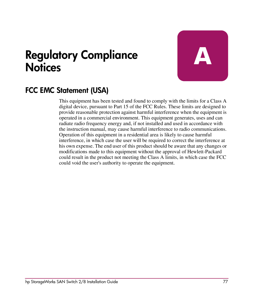 HP AA-RSB6B-TE manual Regulatory Compliance Notices, FCC EMC Statement USA 