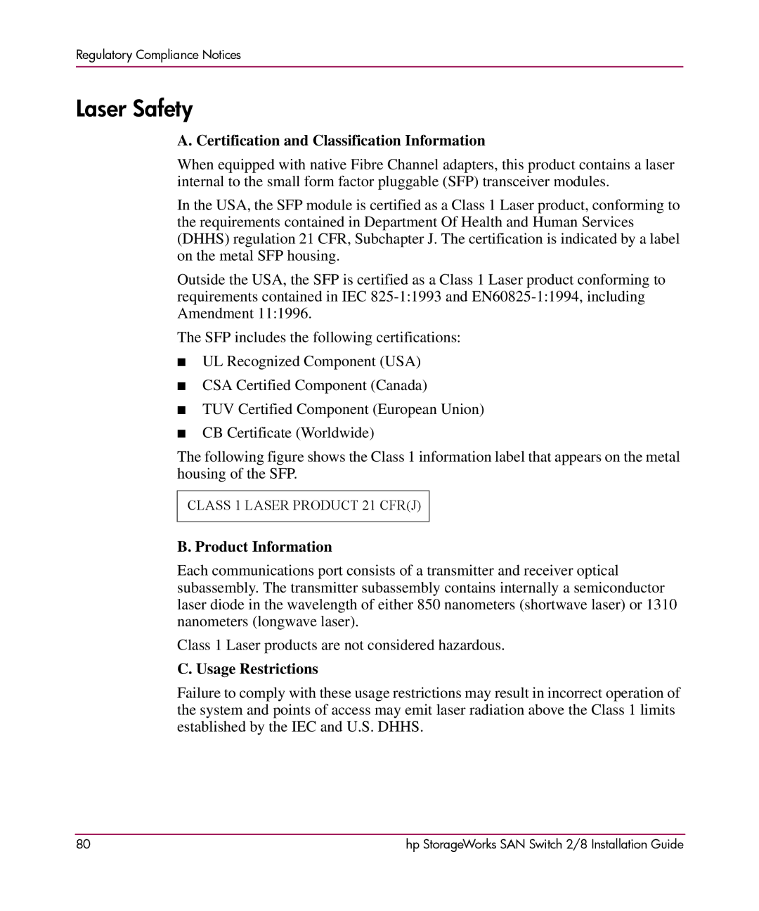 HP AA-RSB6B-TE manual Laser Safety, Certification and Classification Information 