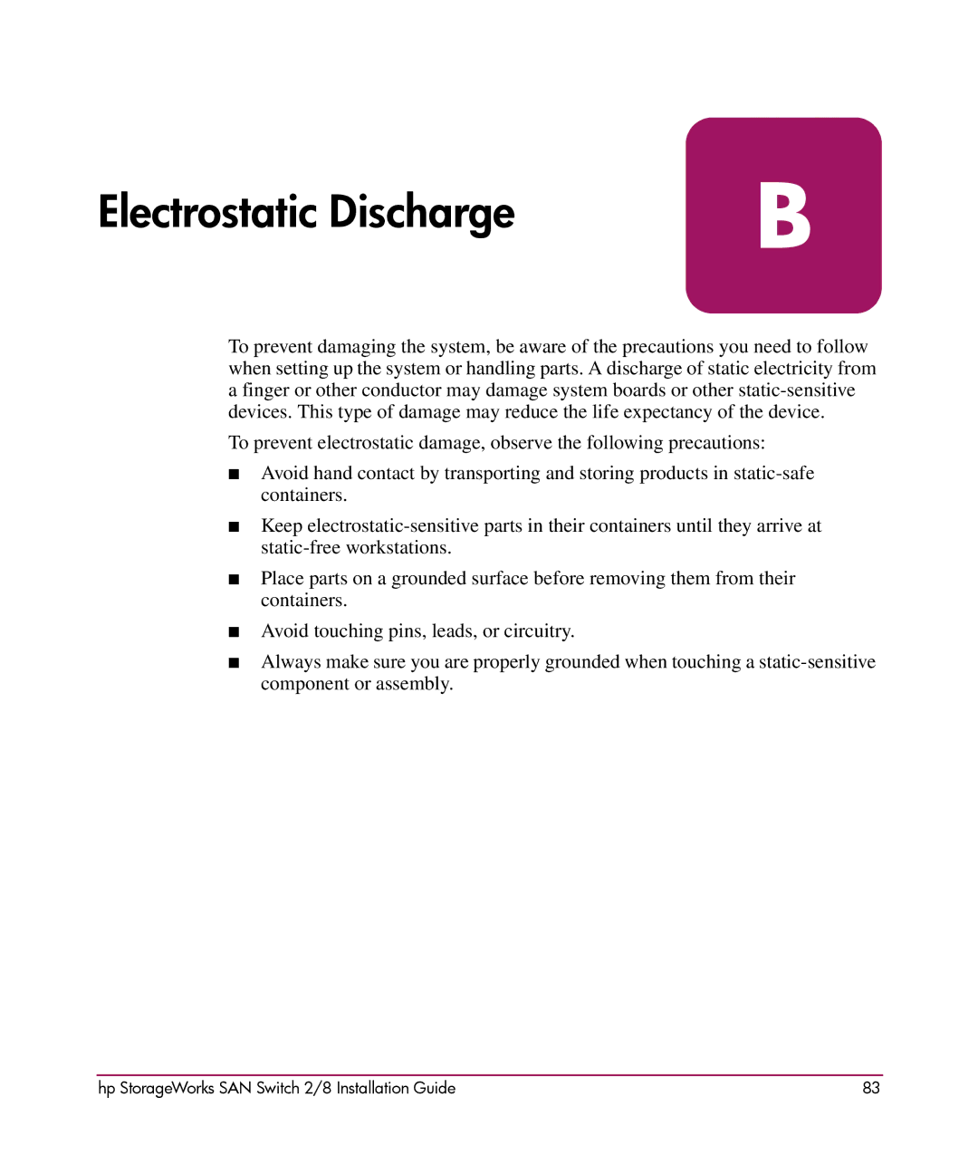 HP AA-RSB6B-TE manual Electrostatic Discharge 