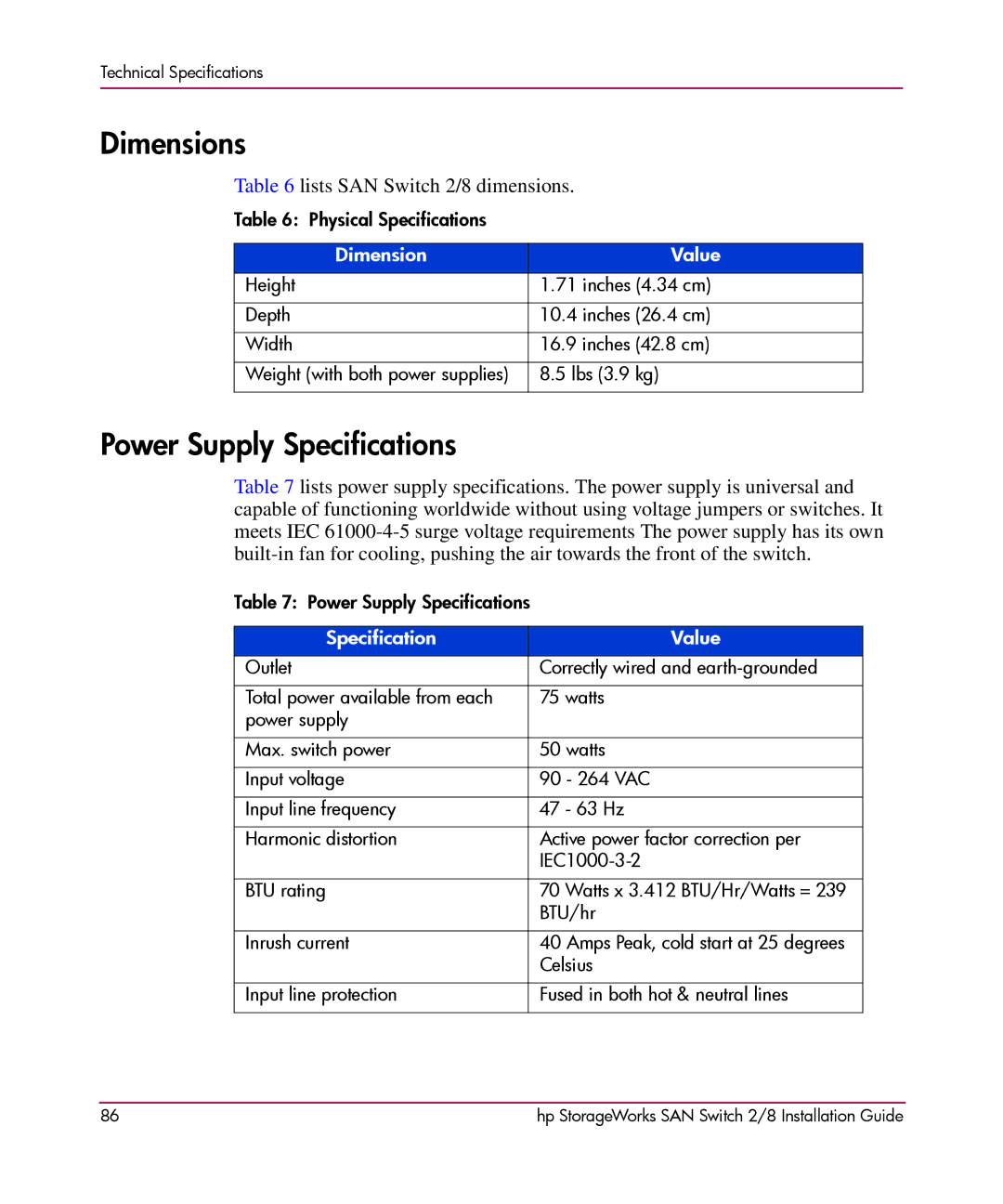 HP AA-RSB6B-TE manual Dimensions, Power Supply Specifications 