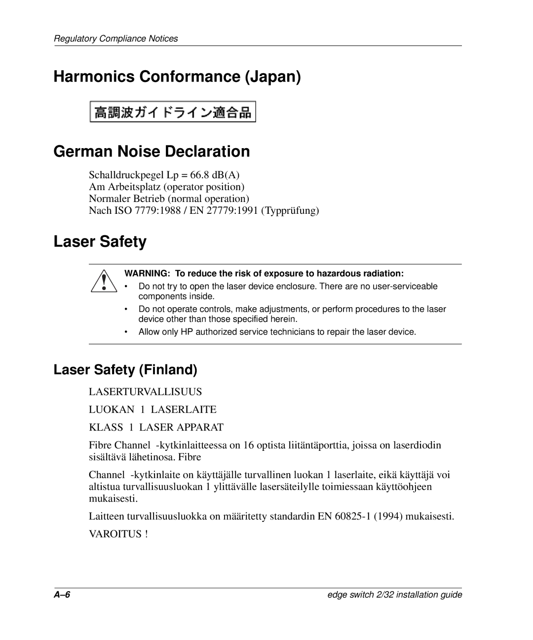 HP AA-RSTZB-TE, 958-000290-000 manual Harmonics Conformance Japan German Noise Declaration, Laser Safety Finland 