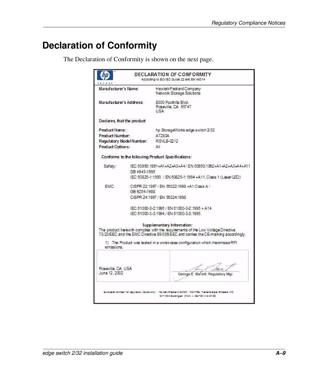 HP 958-000290-000, AA-RSTZB-TE manual Declaration of Conformity 