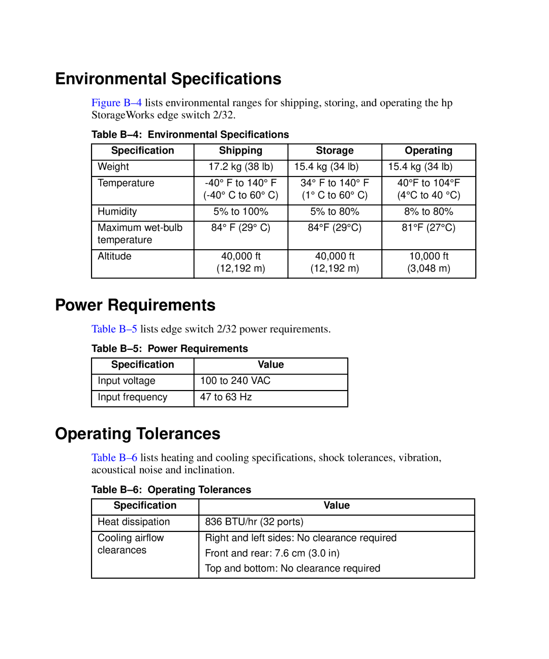 HP AA-RSTZB-TE, 958-000290-000 manual Environmental Specifications, Power Requirements, Operating Tolerances 