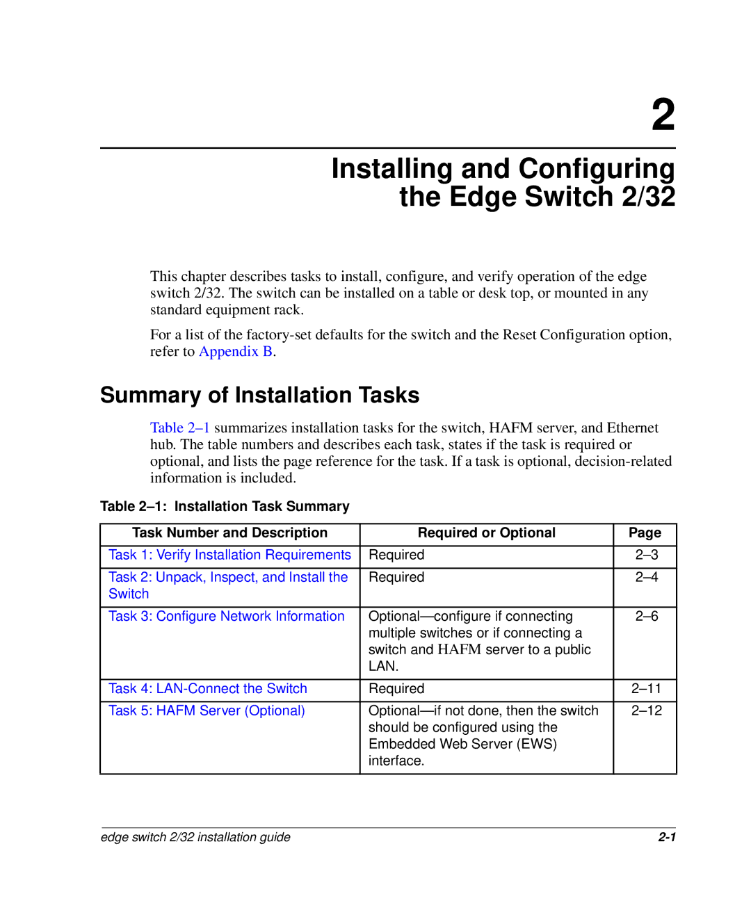 HP 958-000290-000, AA-RSTZB-TE manual Installing and Configuring Edge Switch 2/32, Summary of Installation Tasks 