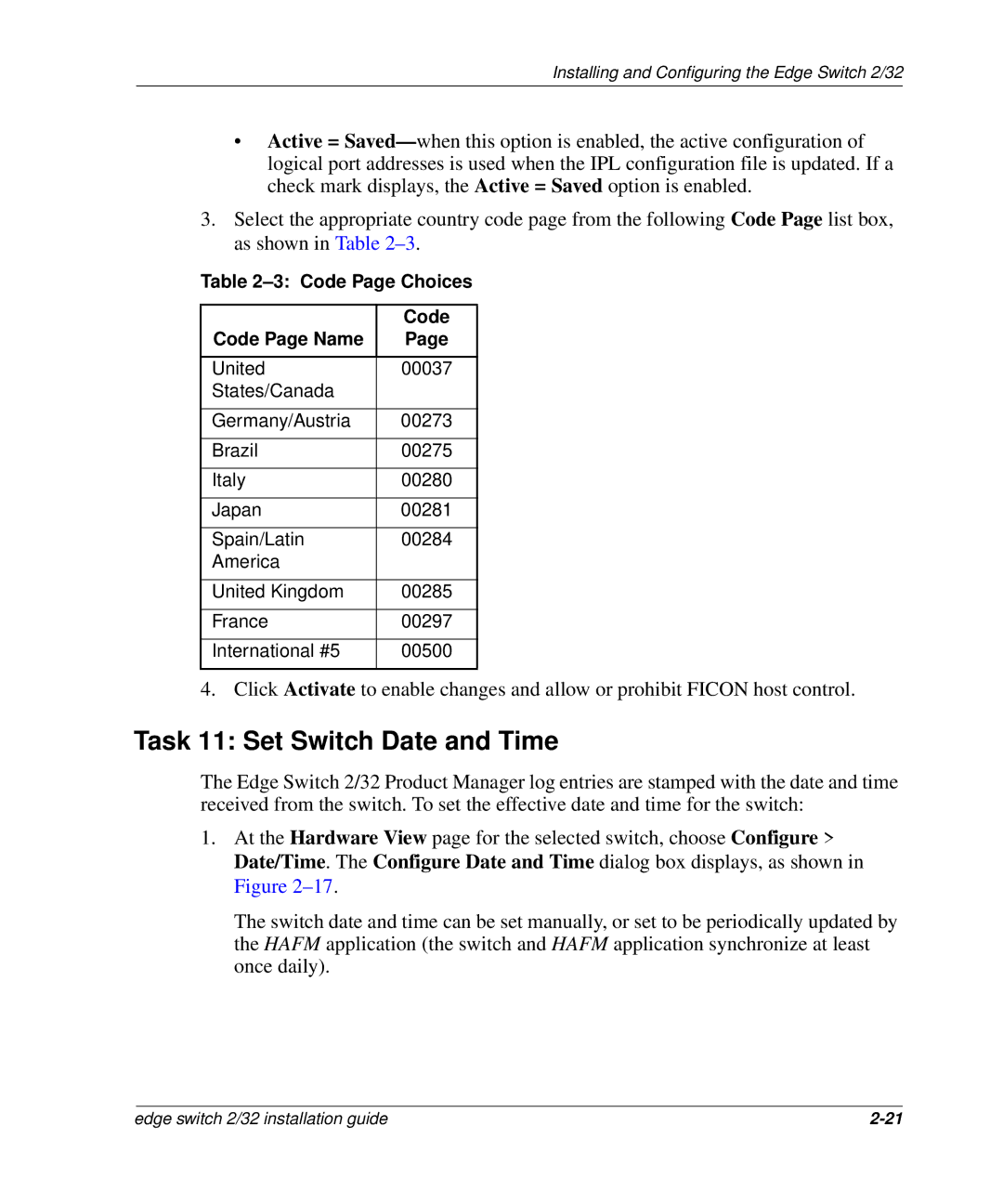 HP 958-000290-000, AA-RSTZB-TE manual Task 11 Set Switch Date and Time, Code Page Choices Code Page Name 