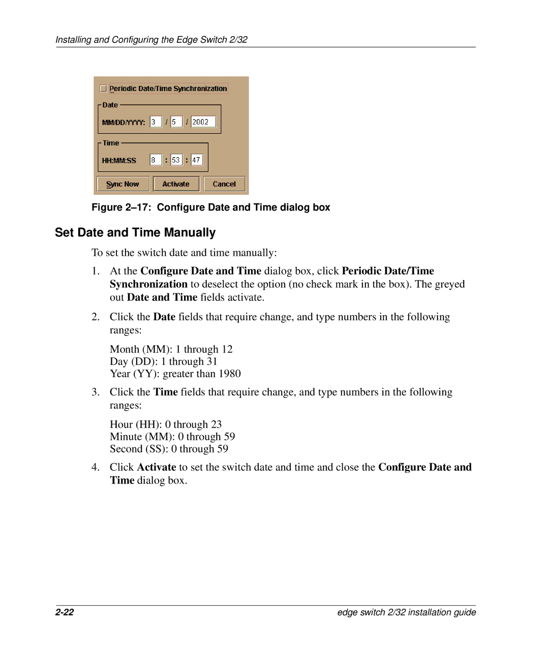 HP AA-RSTZB-TE, 958-000290-000 manual Set Date and Time Manually, Configure Date and Time dialog box 