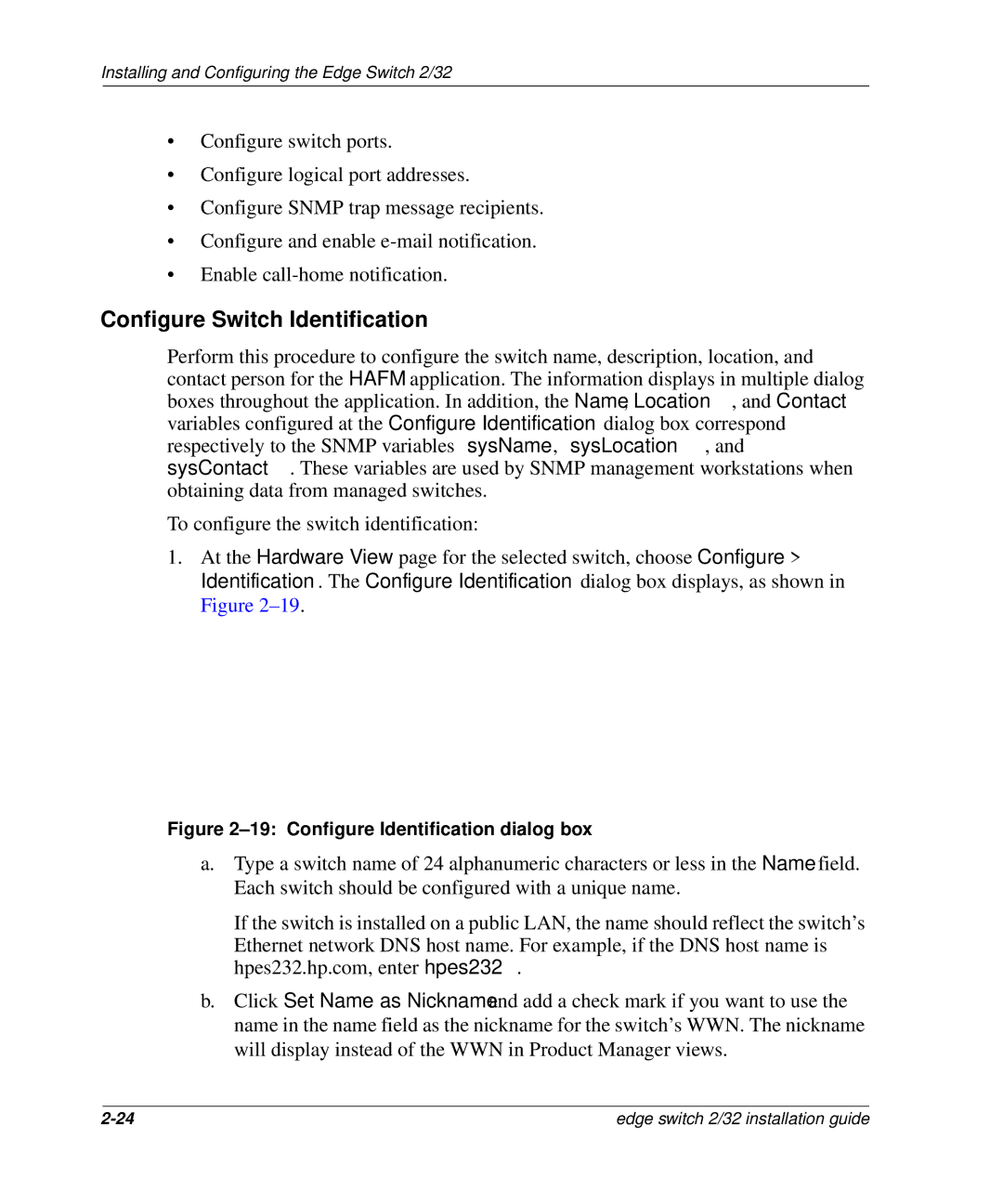 HP AA-RSTZB-TE, 958-000290-000 manual Configure Switch Identification, Configure Identification dialog box 