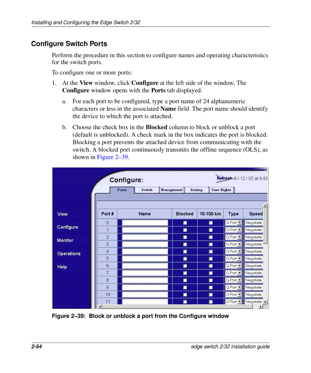 HP AA-RSTZB-TE, 958-000290-000 manual Configure Switch Ports, Block or unblock a port from the Configure window 