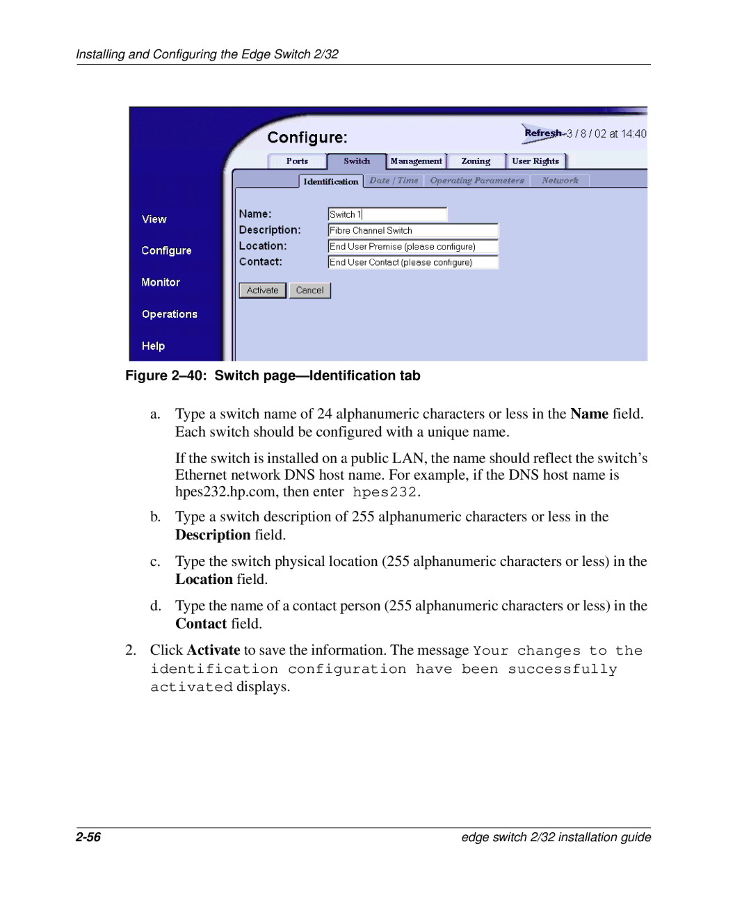 HP AA-RSTZB-TE, 958-000290-000 manual Switch page-Identification tab 