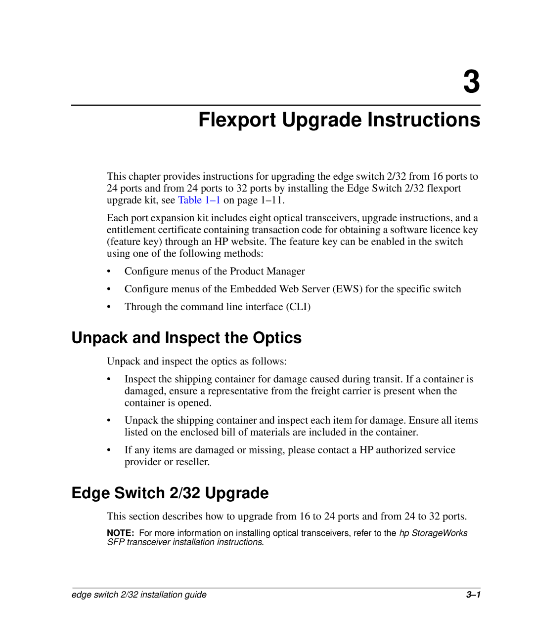 HP 958-000290-000, AA-RSTZB-TE manual Unpack and Inspect the Optics, Edge Switch 2/32 Upgrade 