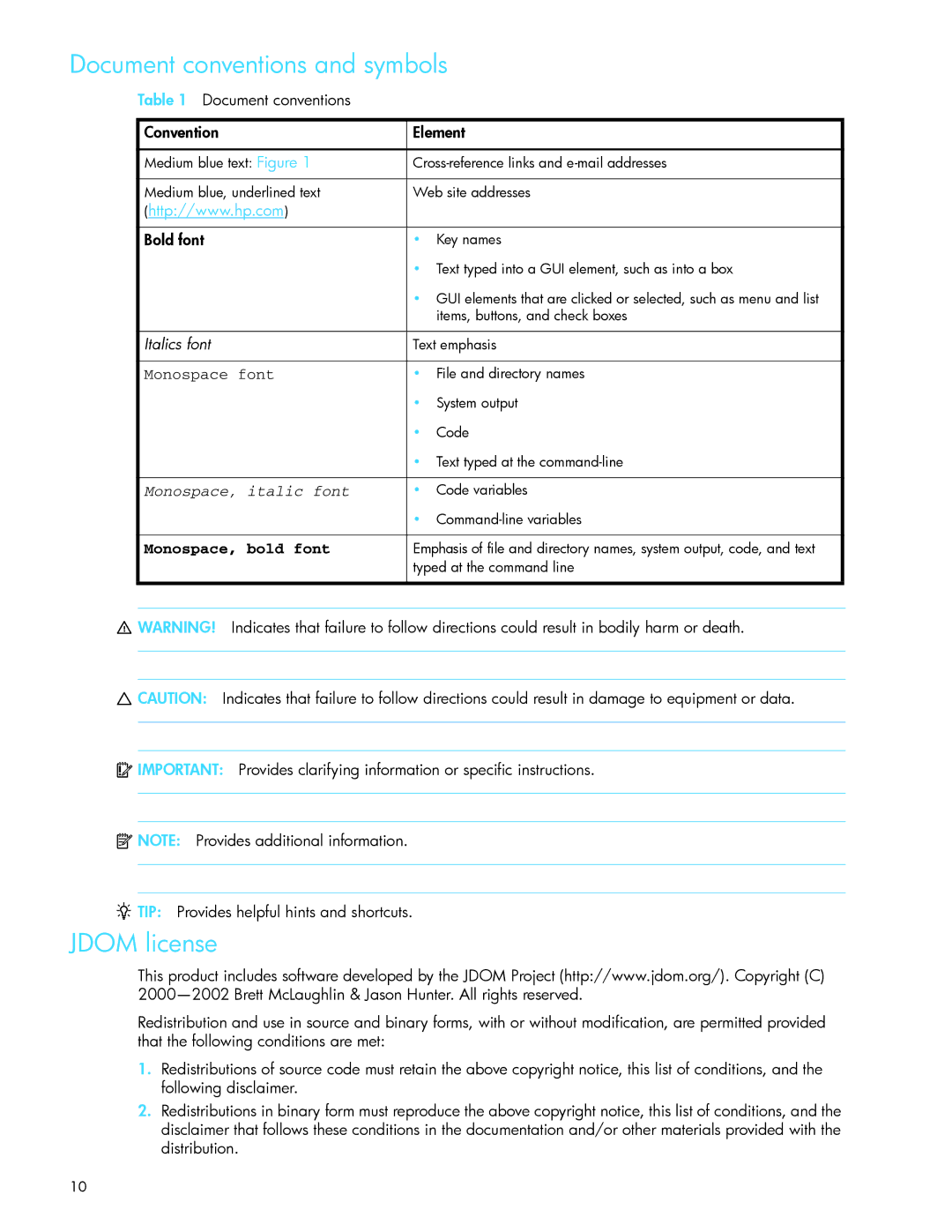 HP AA-RW20A-TE manual Document conventions and symbols, Jdom license, Document conventions Convention Element, Bold font 