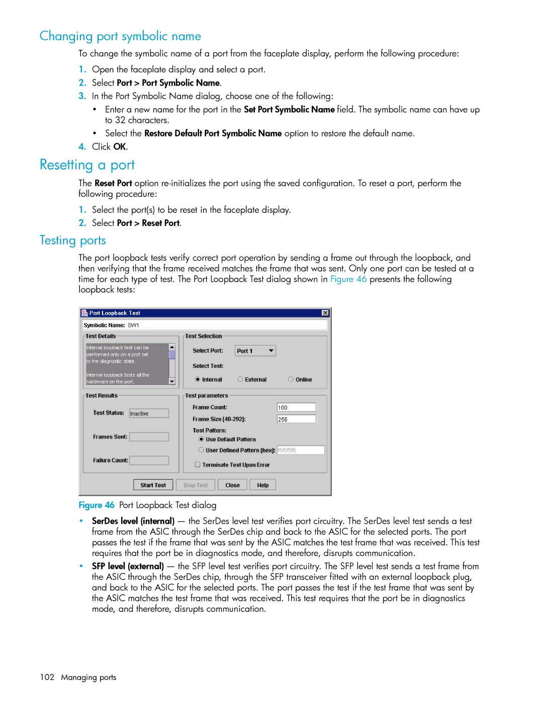 HP AA-RW20A-TE manual Resetting a port, Changing port symbolic name, Testing ports 