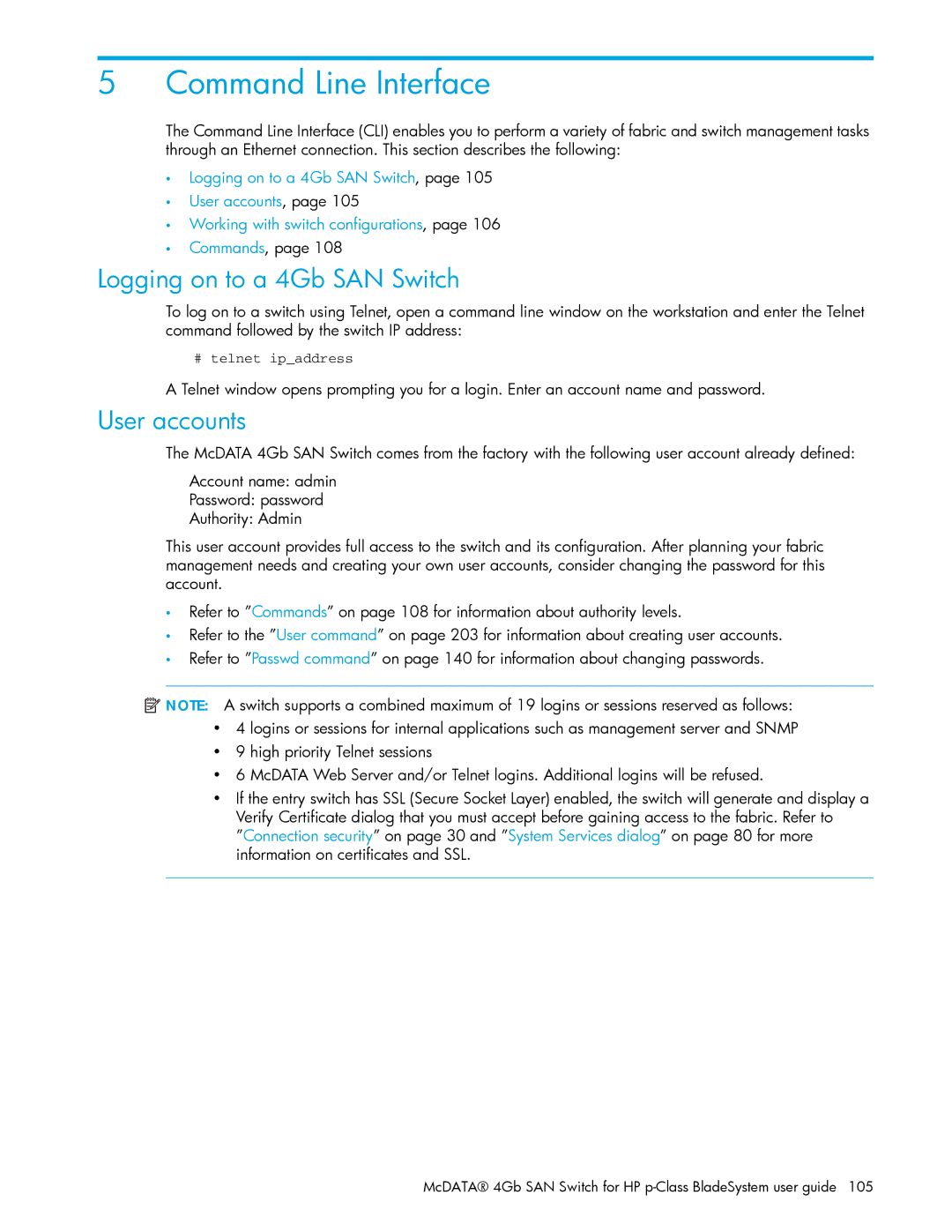 HP AA-RW20A-TE manual Logging on to a 4Gb SAN Switch, User accounts, Commands 