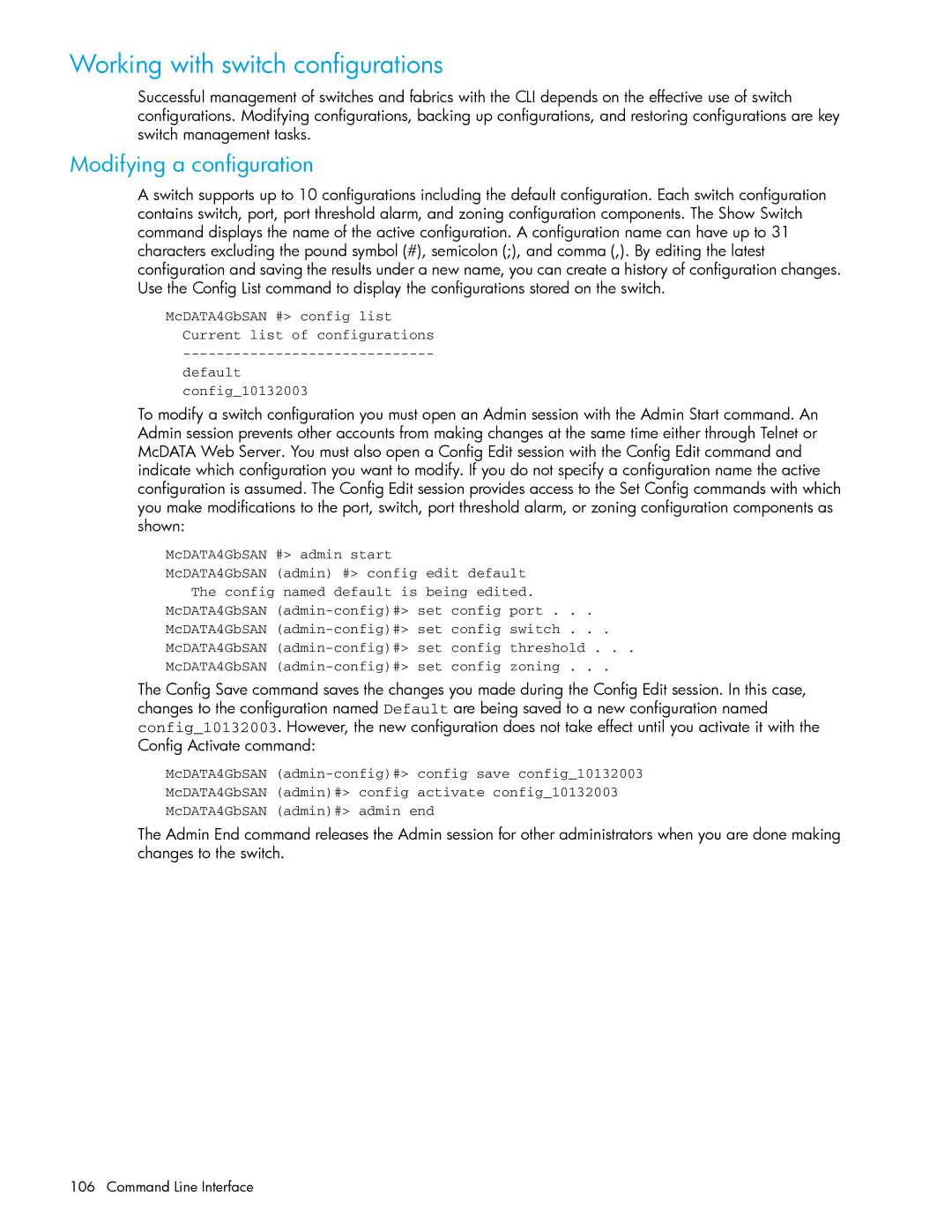 HP AA-RW20A-TE manual Working with switch configurations, Modifying a configuration 