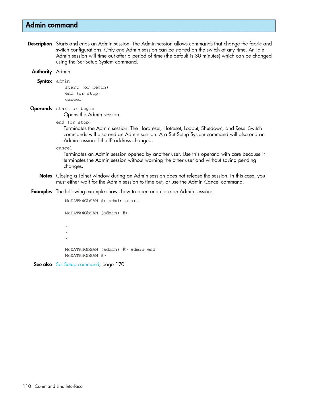HP AA-RW20A-TE manual Admin command, Opens the Admin session, See also Set Setup command 