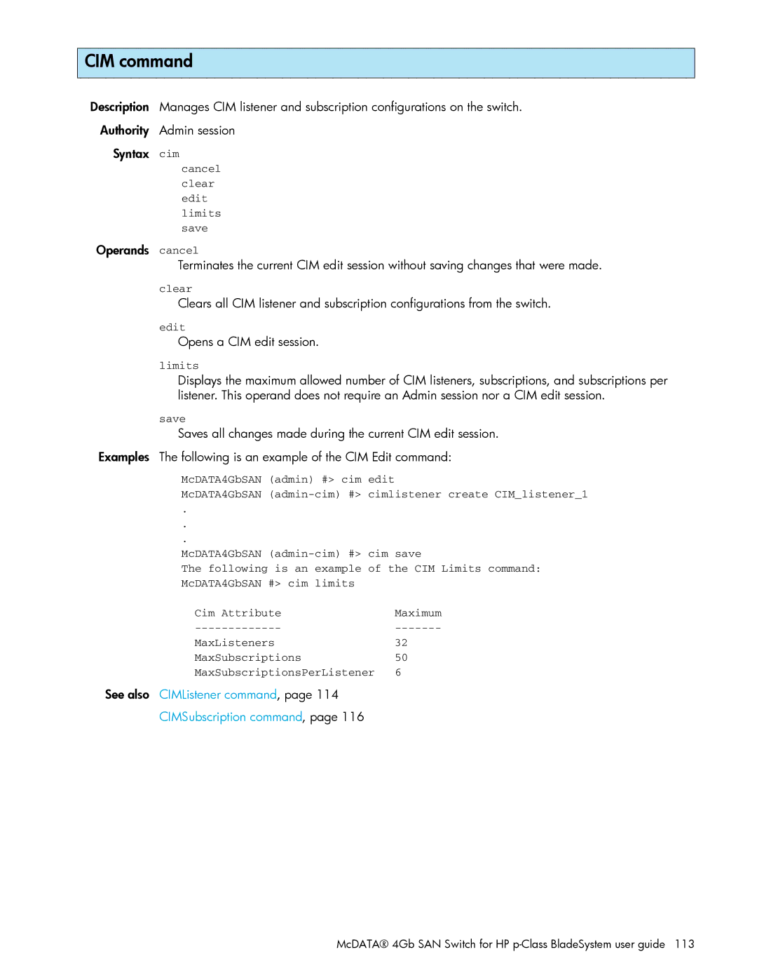 HP AA-RW20A-TE manual CIM command, Opens a CIM edit session, See also CIMListener command 