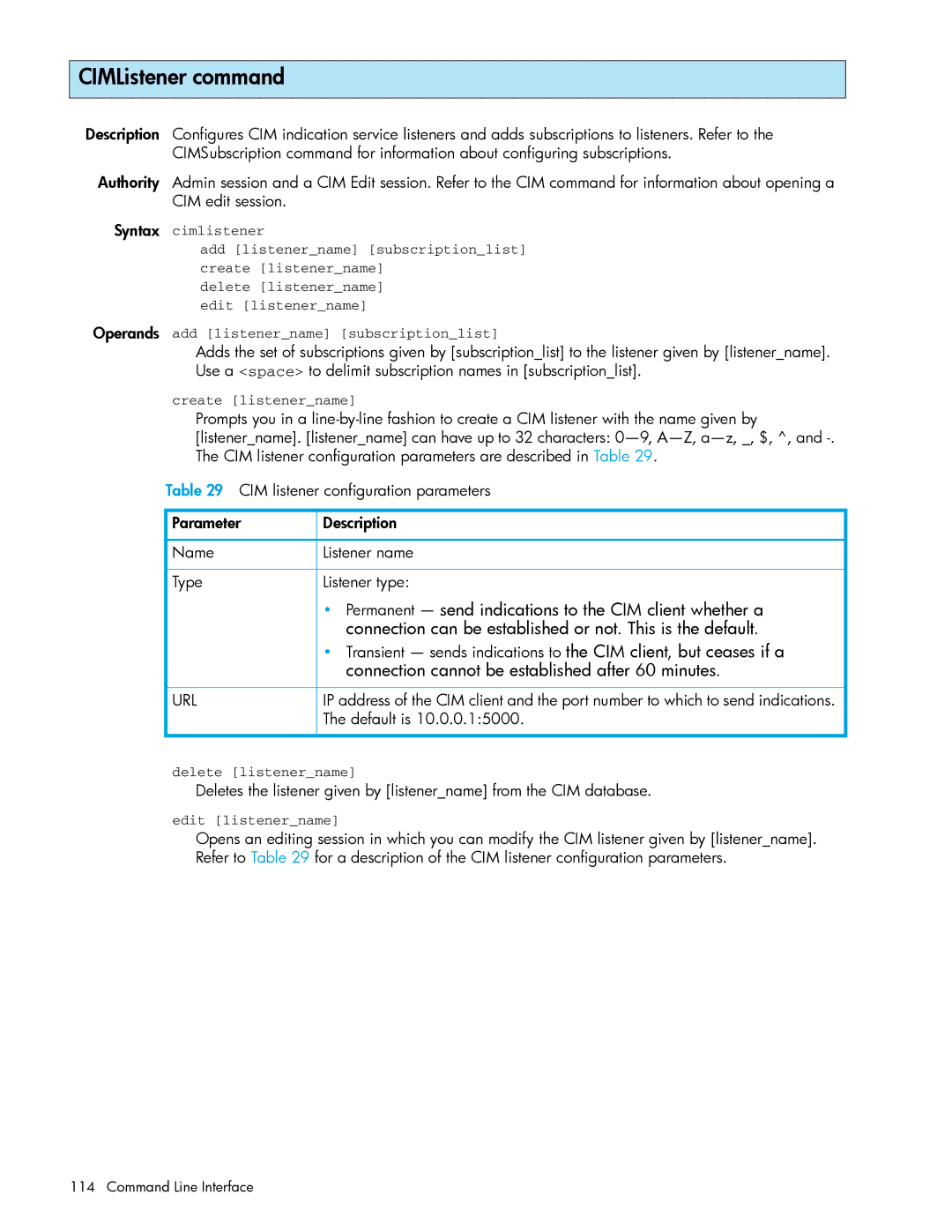 HP AA-RW20A-TE manual CIMListener command, Default is 