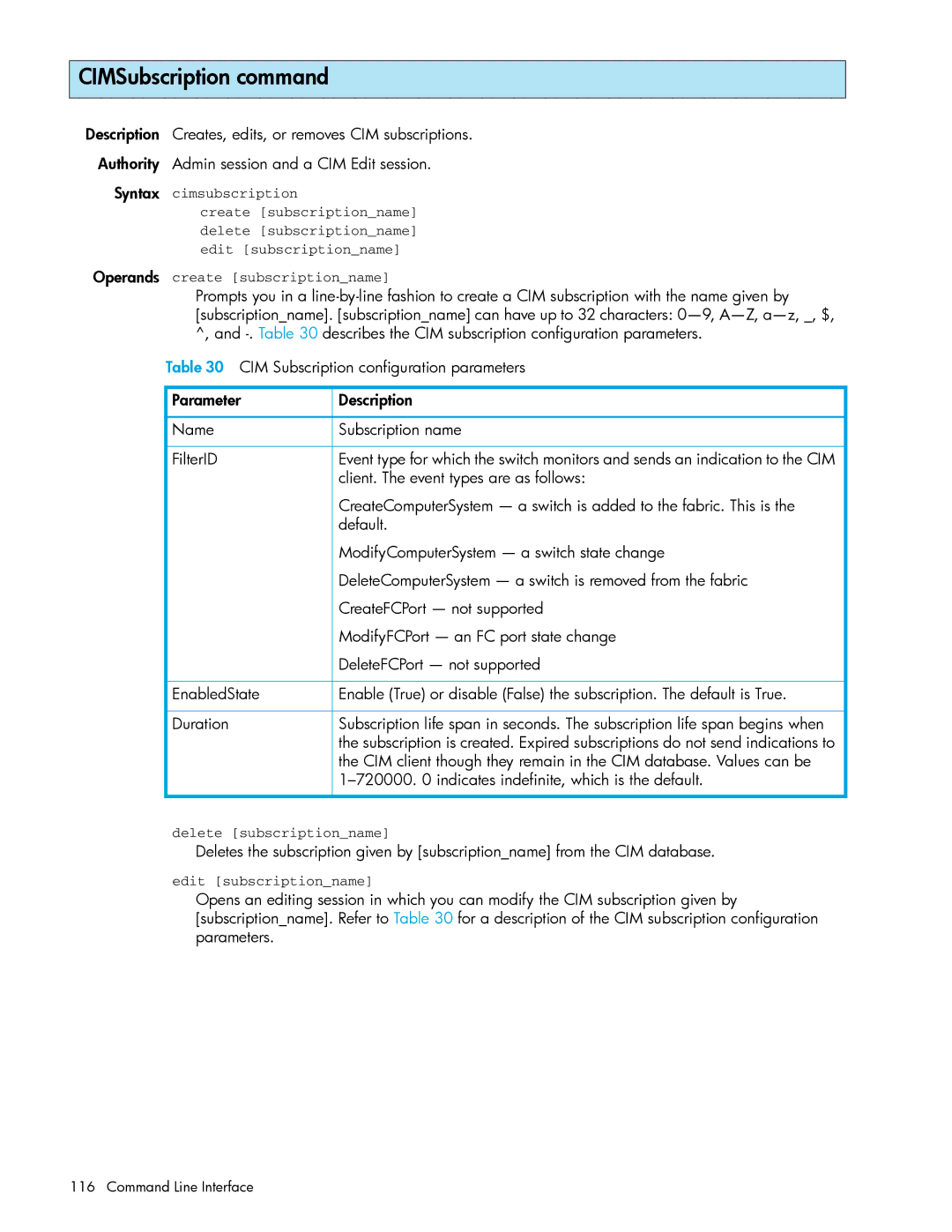 HP AA-RW20A-TE manual CIMSubscription command 