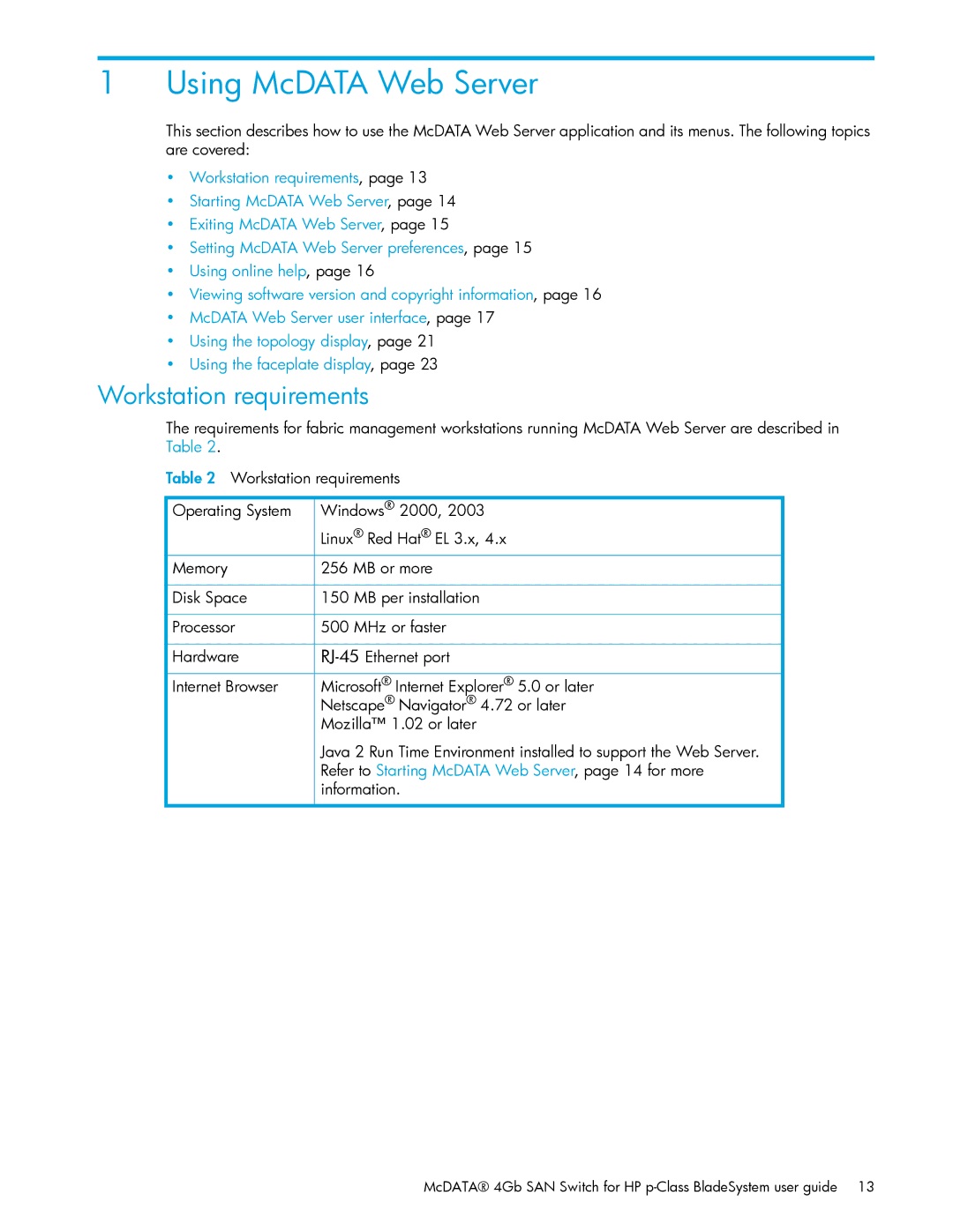 HP AA-RW20A-TE manual Using McDATA Web Server, Workstation requirements 