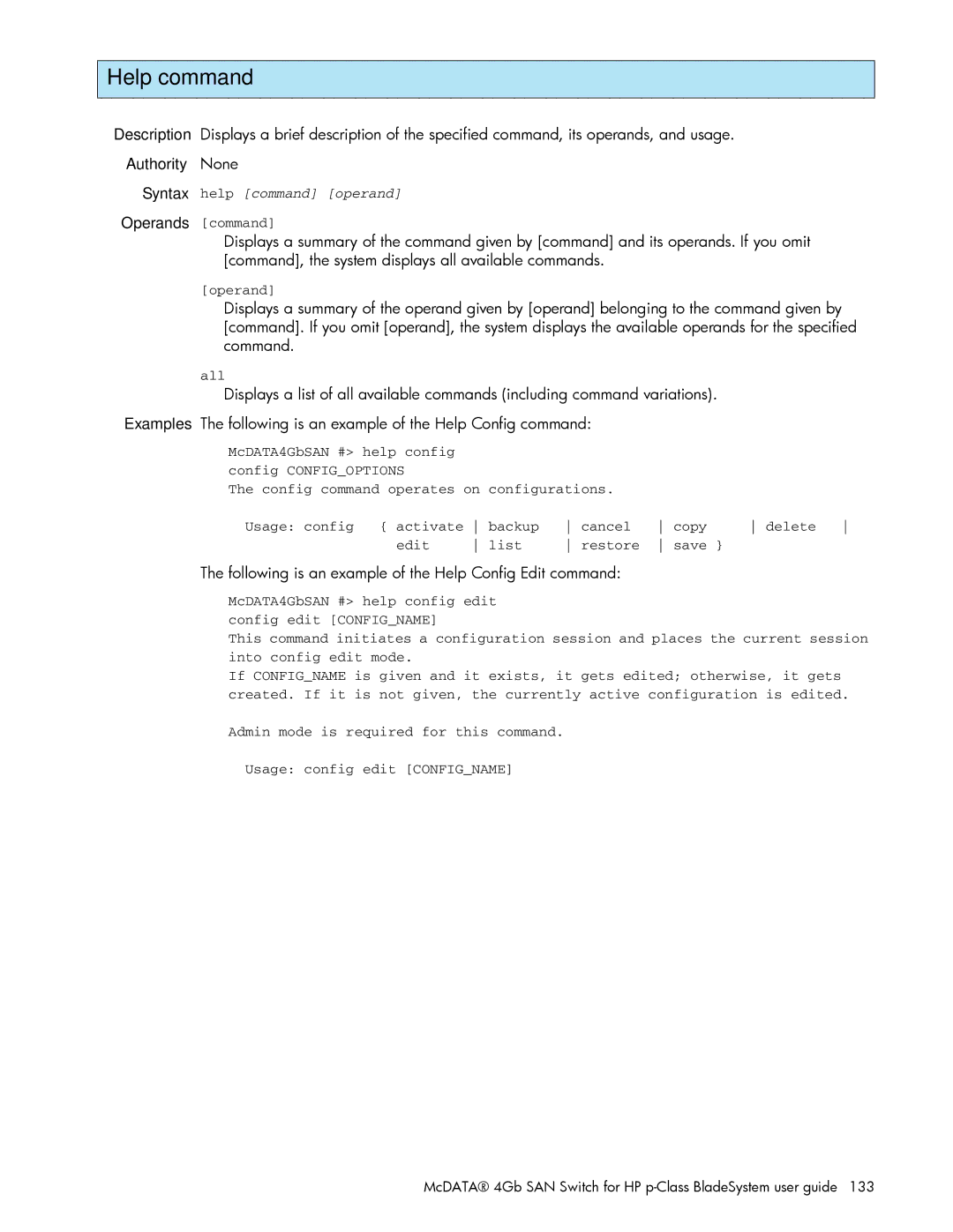 HP AA-RW20A-TE manual Help command, Following is an example of the Help Config Edit command 