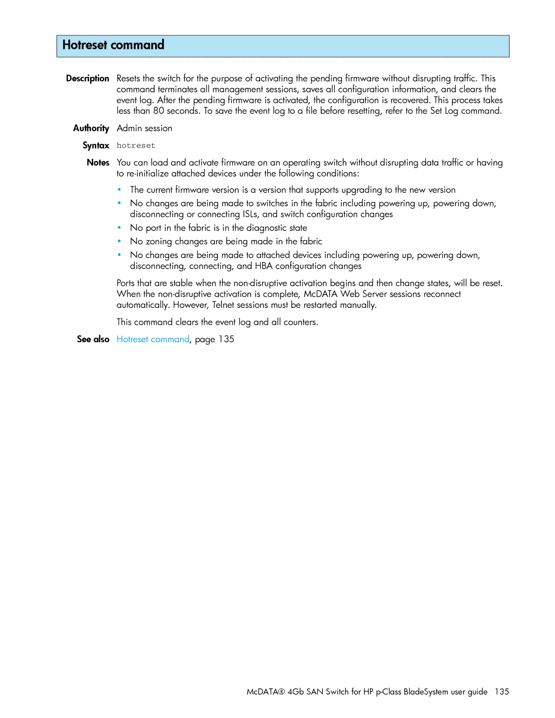 HP AA-RW20A-TE manual Hotreset command, Authority Admin session 