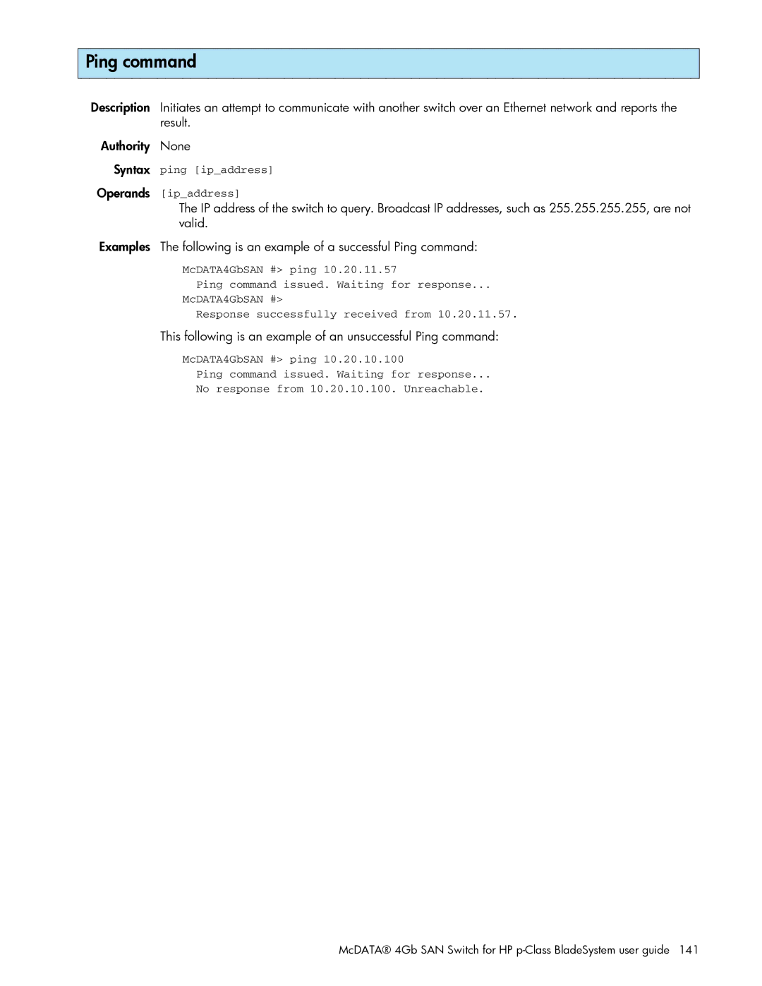 HP AA-RW20A-TE manual This following is an example of an unsuccessful Ping command 