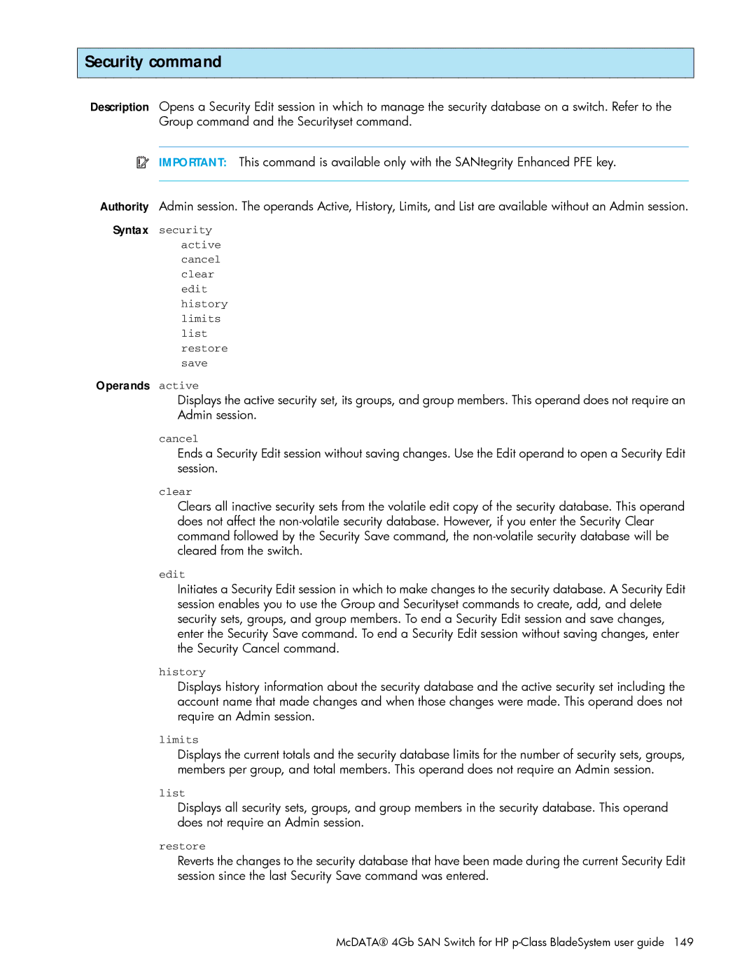 HP AA-RW20A-TE manual Security command 