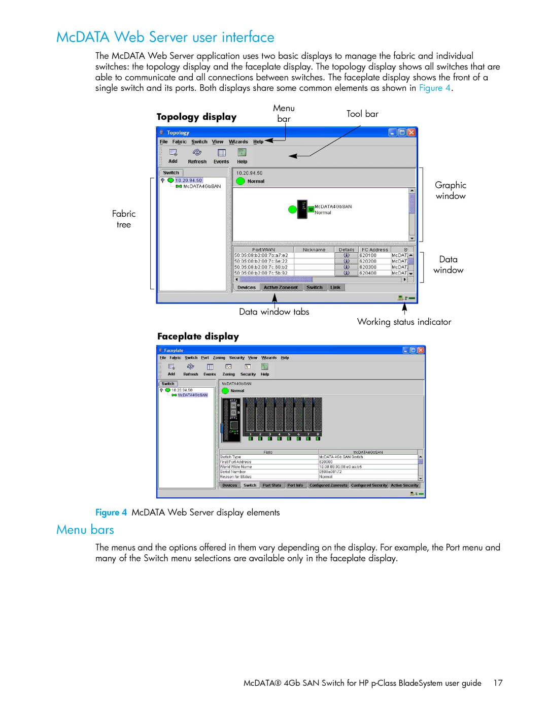 HP AA-RW20A-TE manual McDATA Web Server user interface, Menu bars 