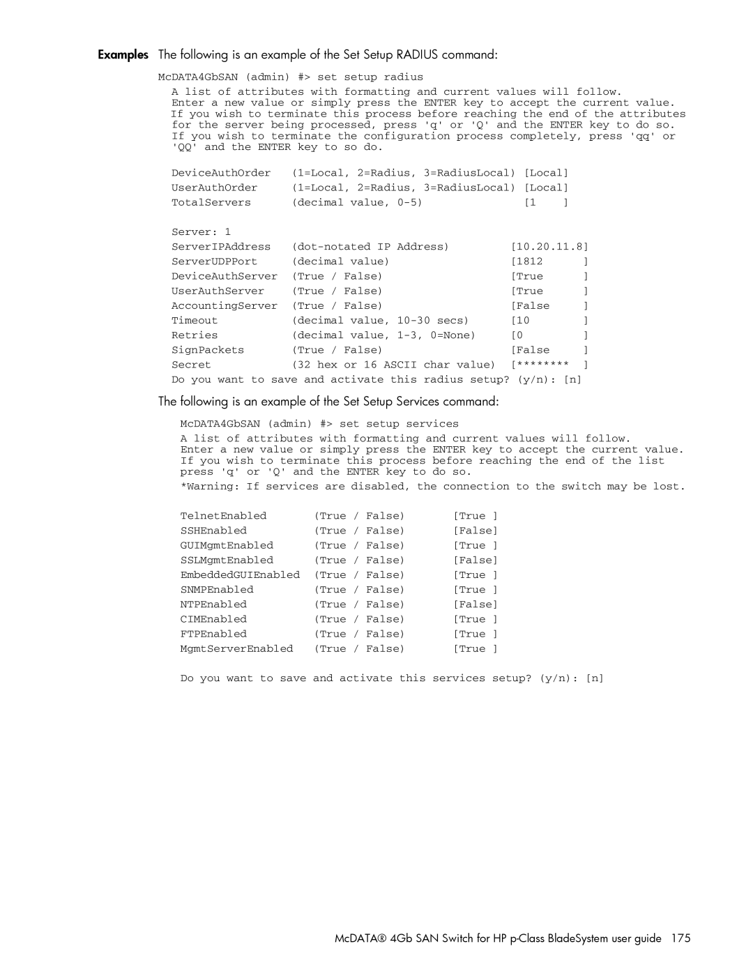 HP AA-RW20A-TE manual Following is an example of the Set Setup Services command 