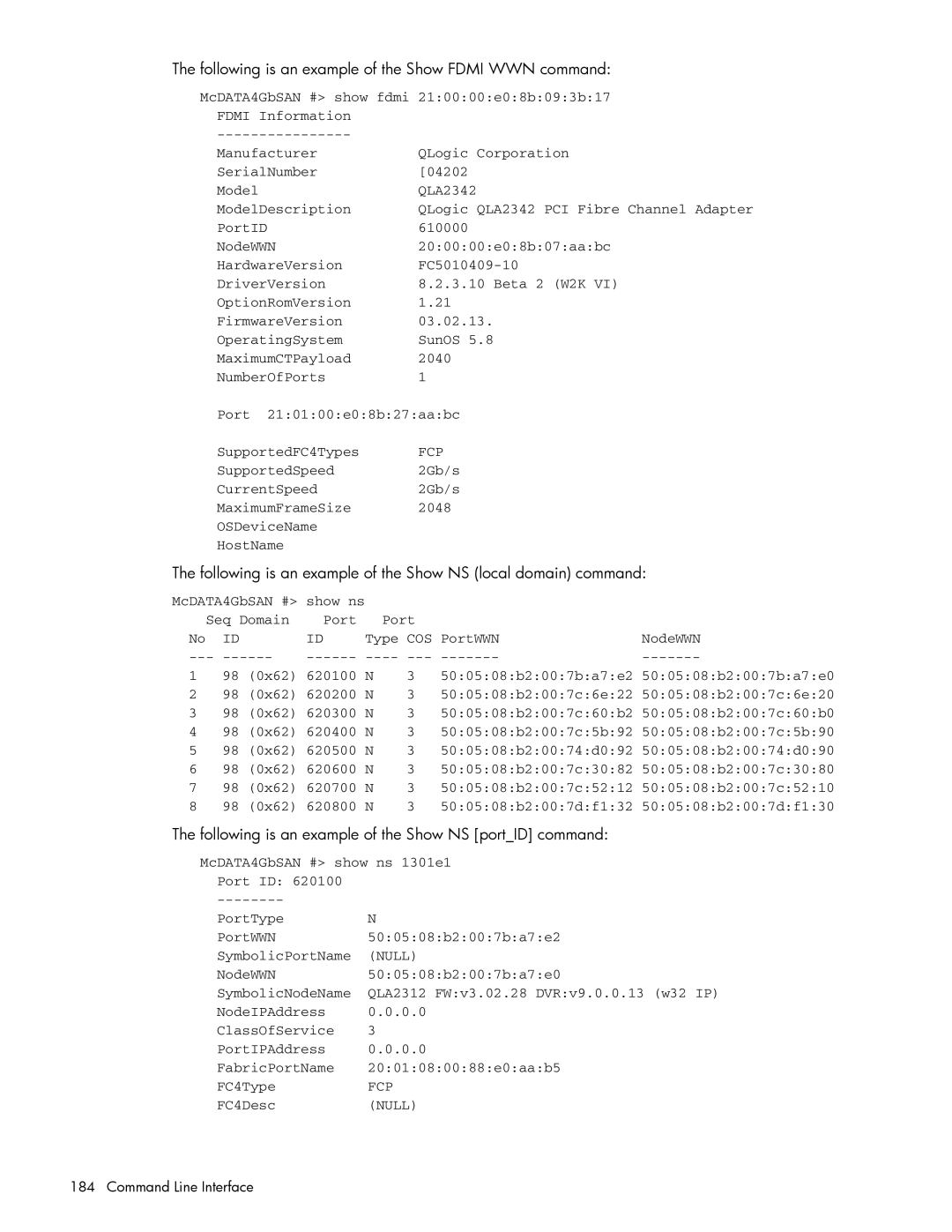 HP AA-RW20A-TE Following is an example of the Show Fdmi WWN command, Following is an example of the Show NS portID command 