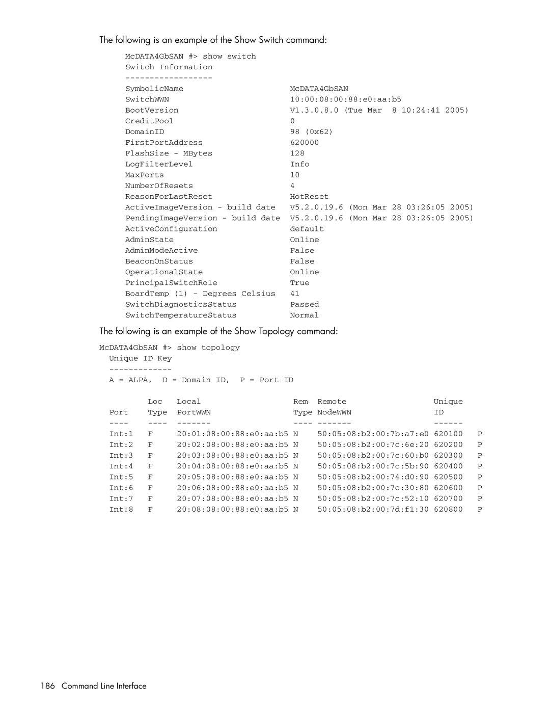 HP AA-RW20A-TE Following is an example of the Show Switch command, Following is an example of the Show Topology command 