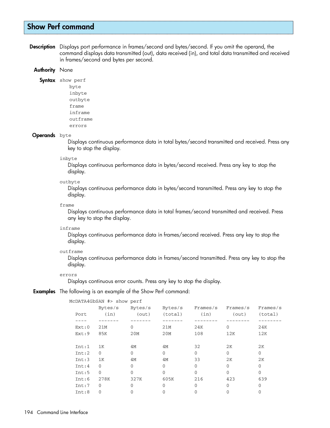 HP AA-RW20A-TE manual Show Perf command 