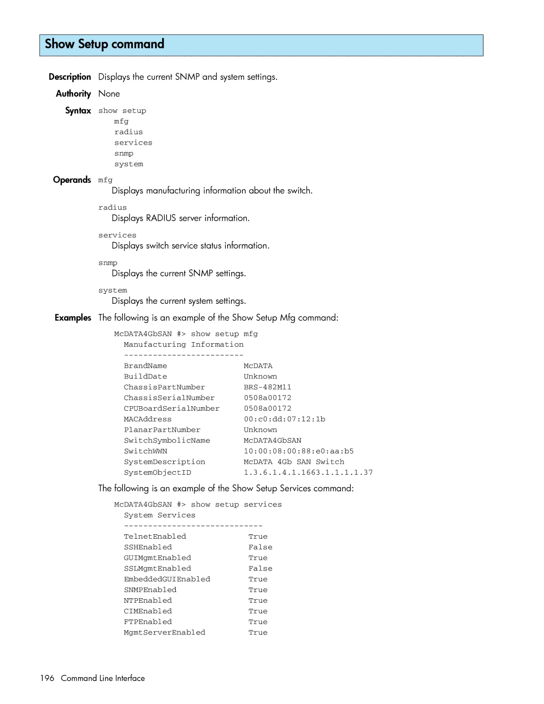 HP AA-RW20A-TE manual Show Setup command 