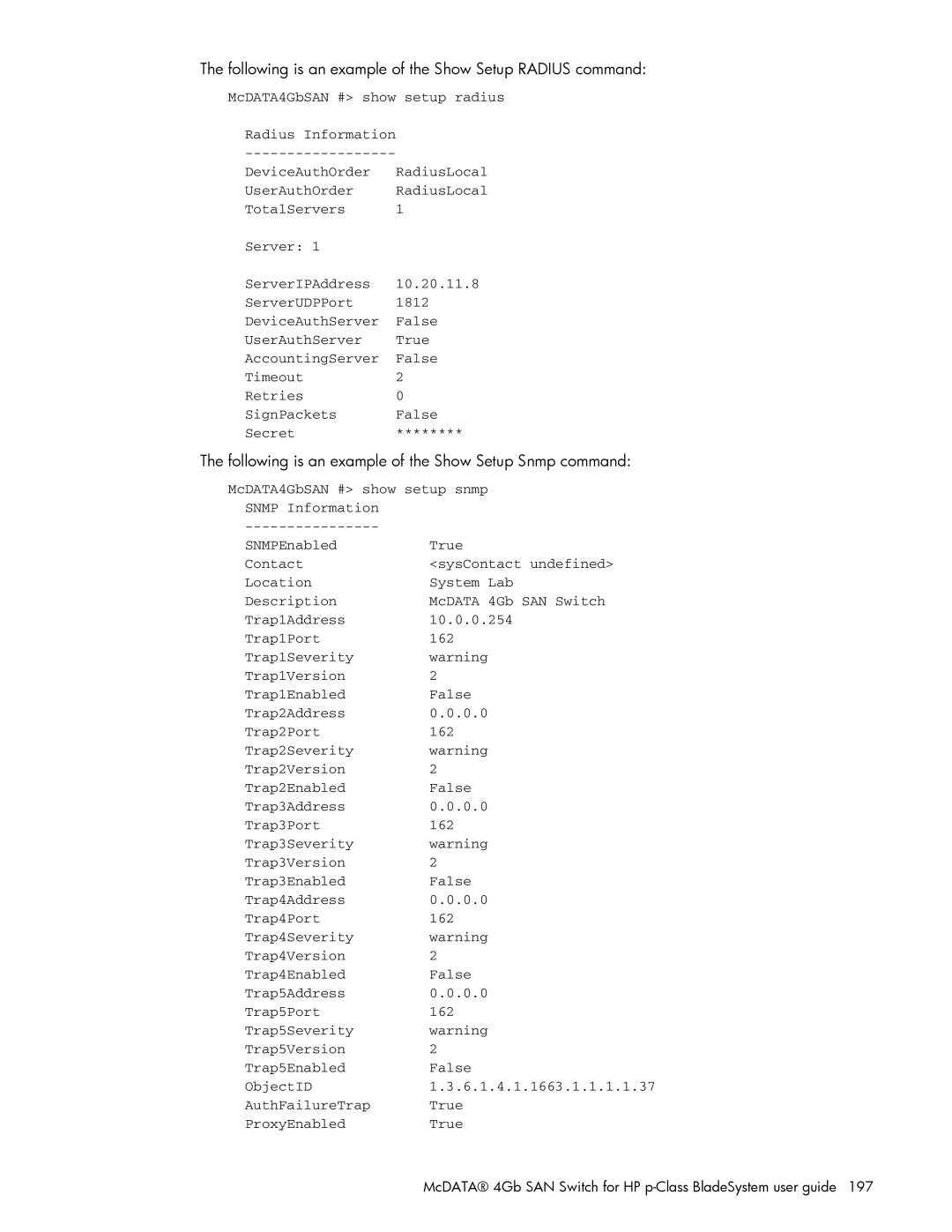 HP AA-RW20A-TE manual Following is an example of the Show Setup Radius command 