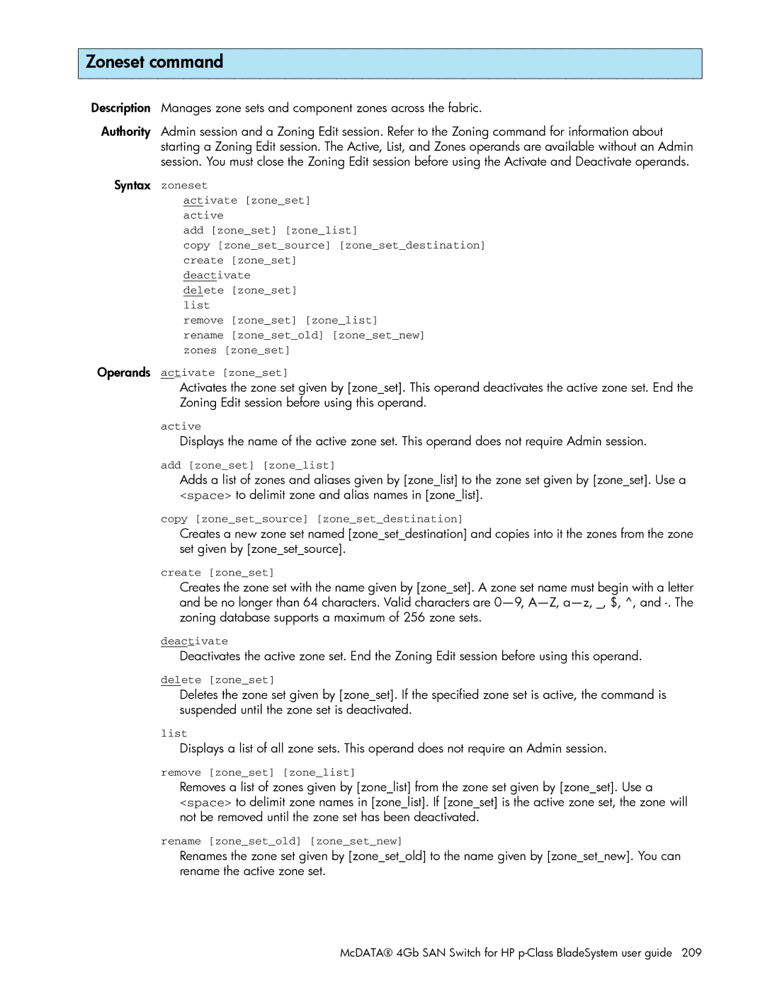 HP AA-RW20A-TE manual Zoneset command, Syntax zoneset 