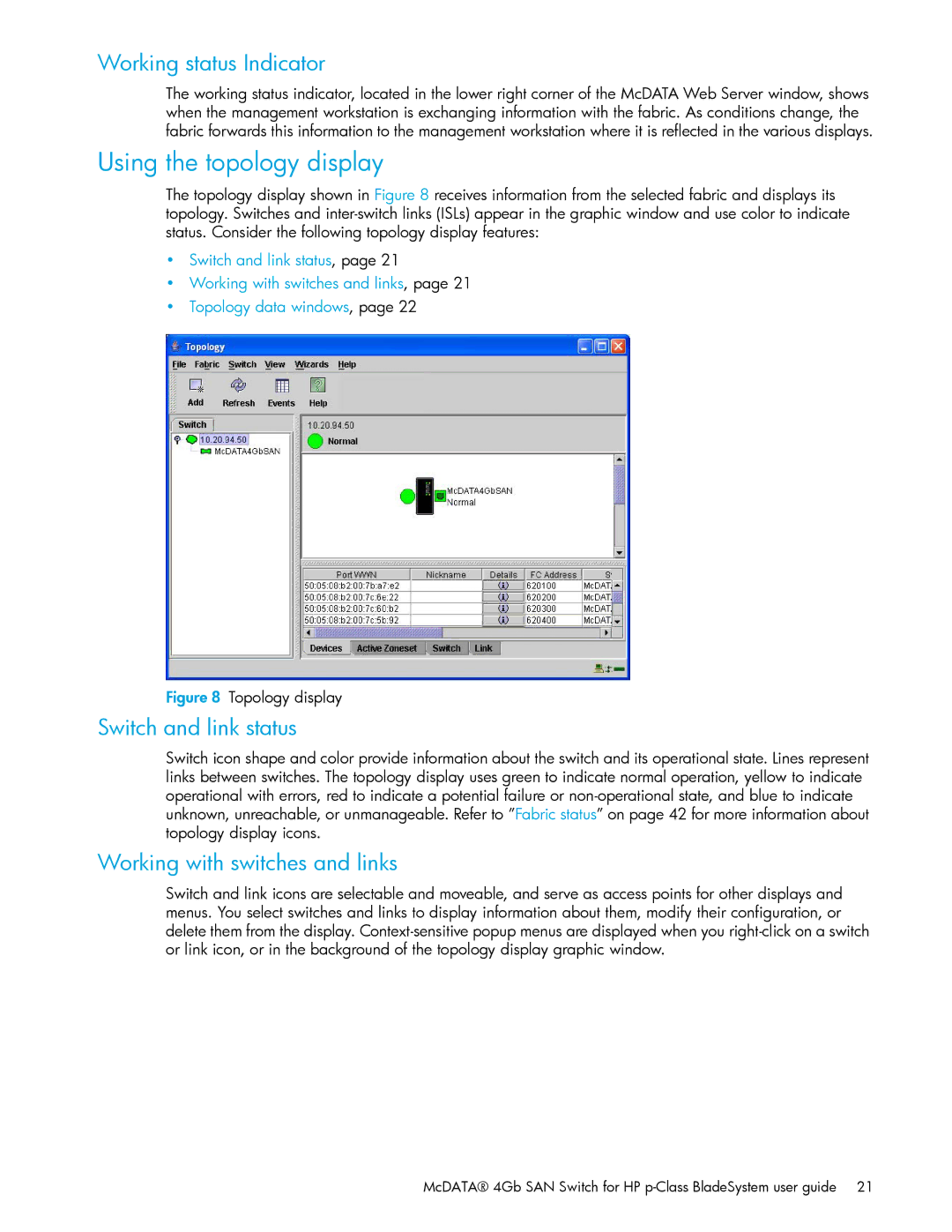 HP AA-RW20A-TE manual Using the topology display, Working status Indicator, Switch and link status 