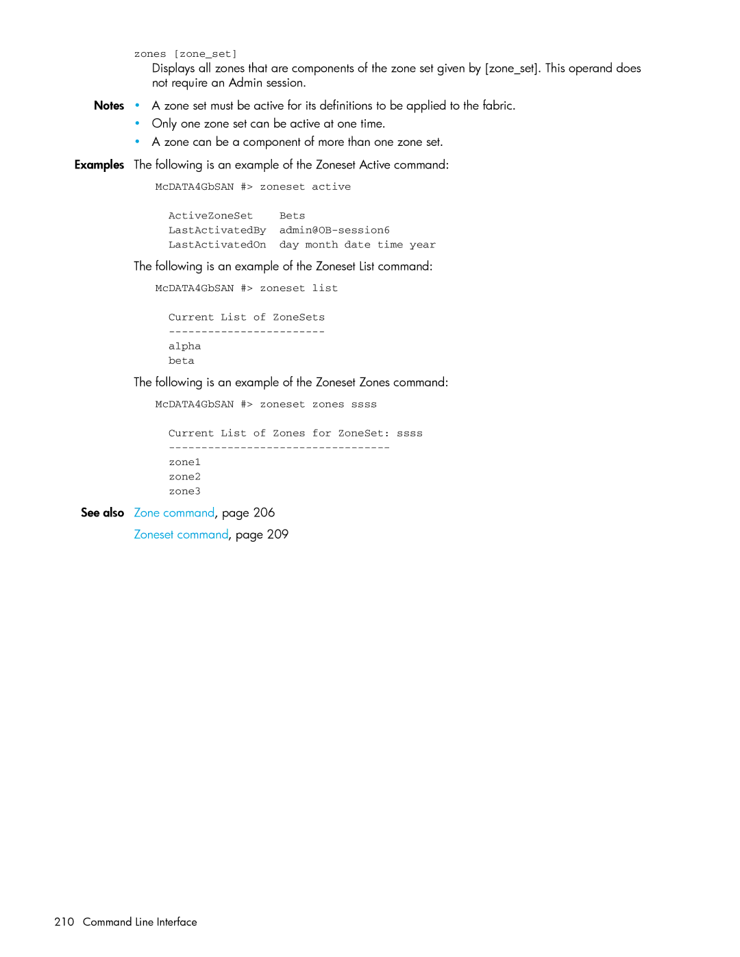 HP AA-RW20A-TE Following is an example of the Zoneset List command, Following is an example of the Zoneset Zones command 