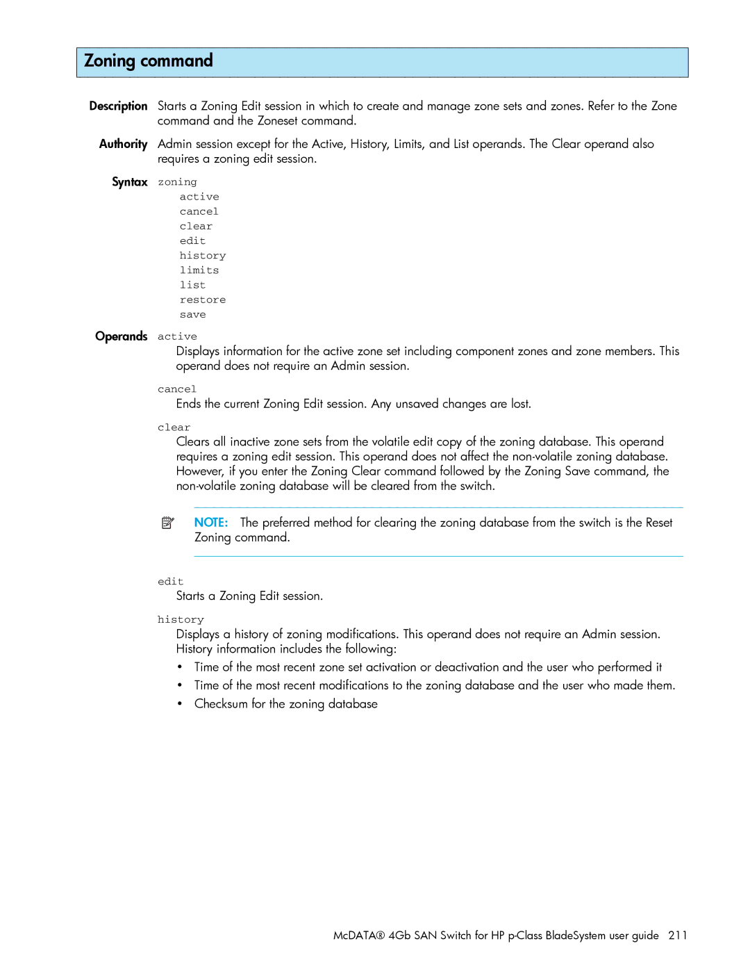 HP AA-RW20A-TE manual Zoning command, Starts a Zoning Edit session 