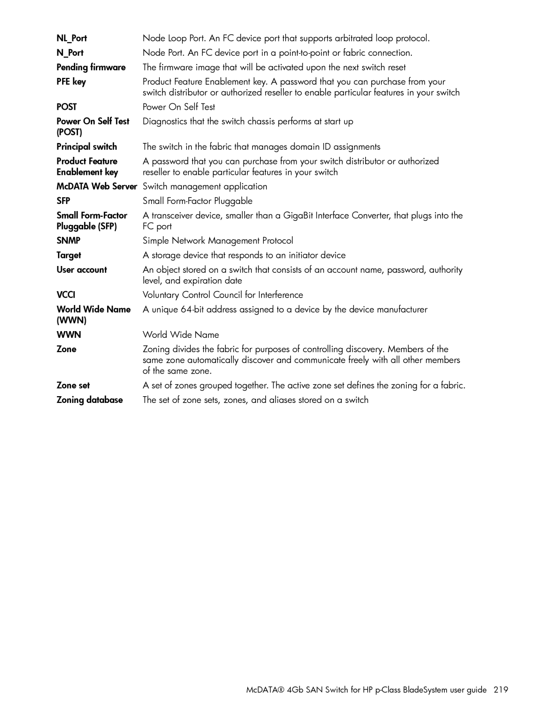 HP AA-RW20A-TE manual Power On Self Test, Small Form-Factor Pluggable, Simple Network Management Protocol 