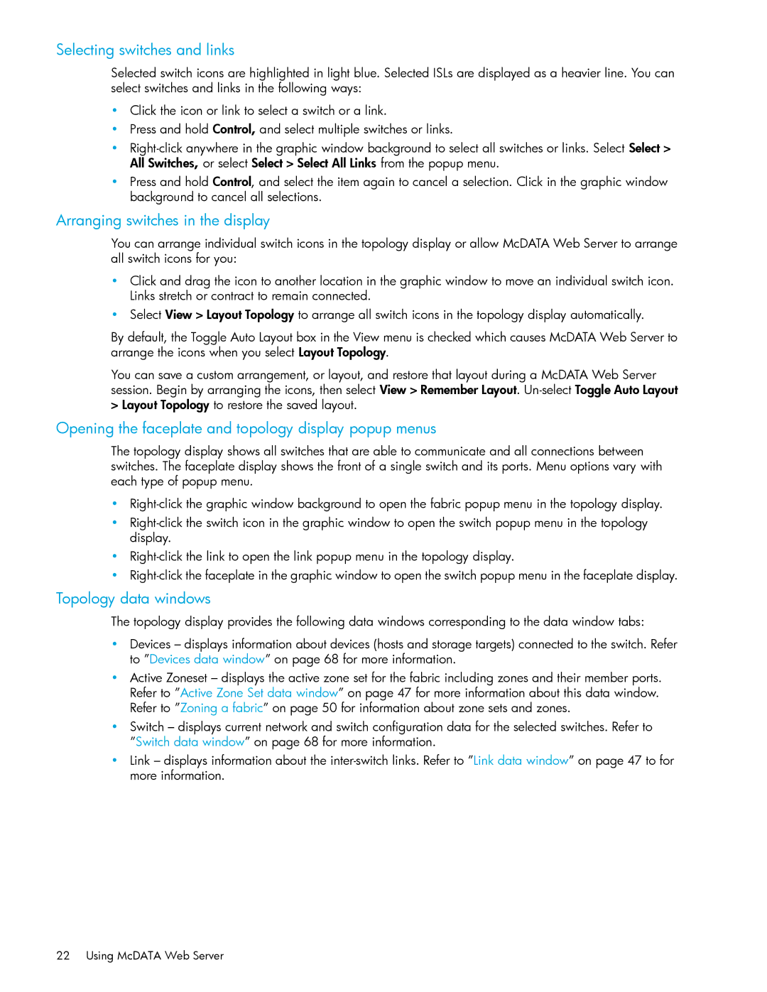 HP AA-RW20A-TE manual Selecting switches and links, Arranging switches in the display, Topology data windows 
