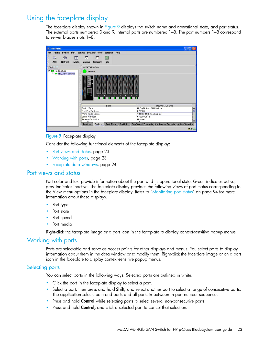 HP AA-RW20A-TE manual Using the faceplate display, Port views and status, Working with ports, Selecting ports 