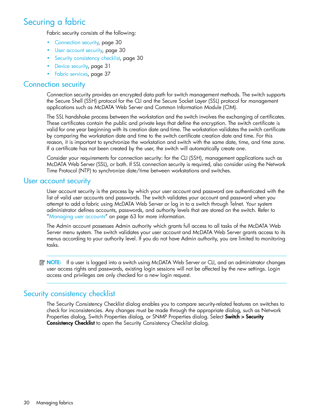 HP AA-RW20A-TE manual Securing a fabric, Connection security, User account security, Security consistency checklist 