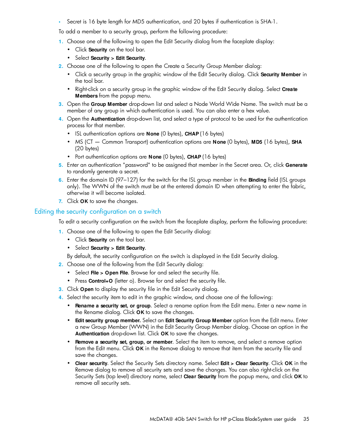 HP AA-RW20A-TE manual Editing the security configuration on a switch 