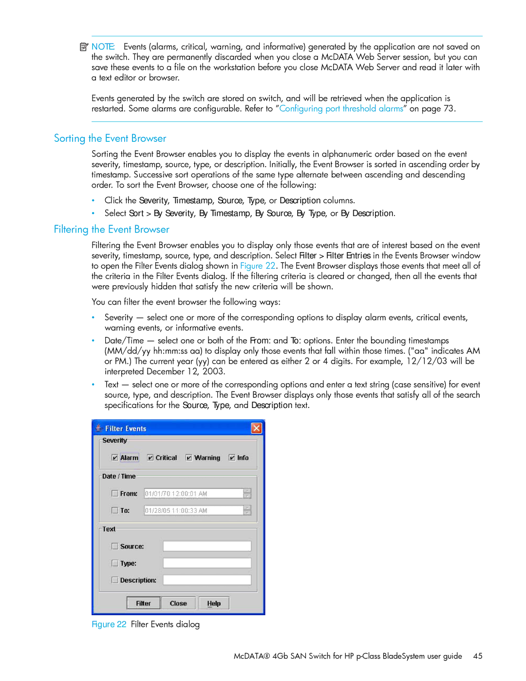 HP AA-RW20A-TE manual Sorting the Event Browser, Filtering the Event Browser 