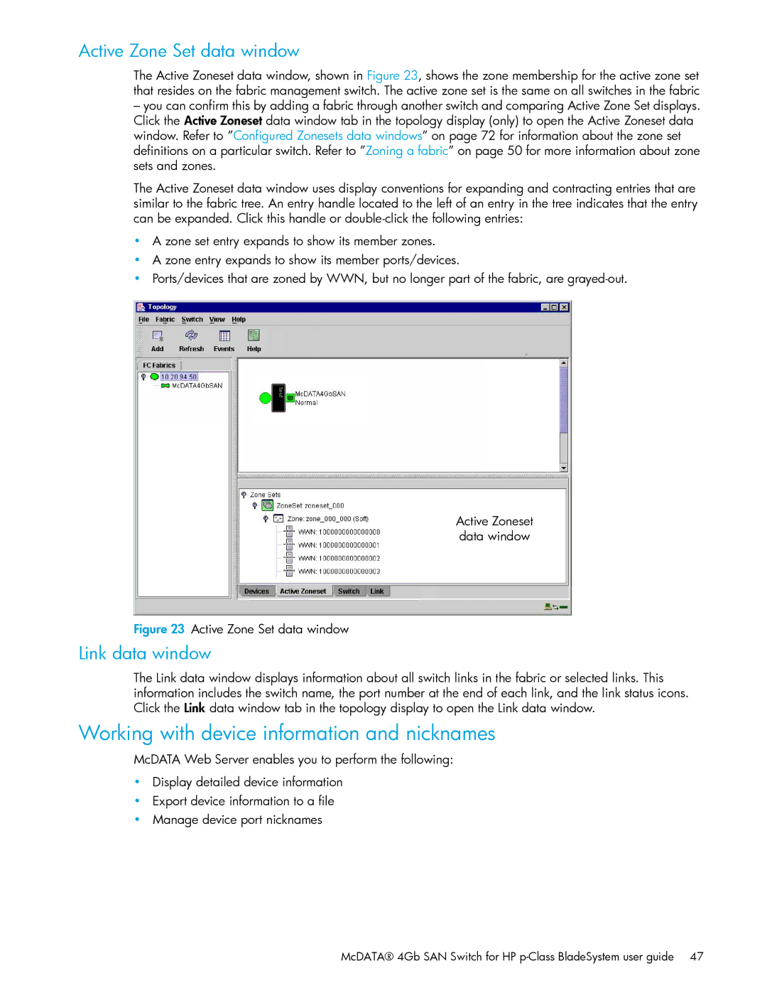 HP AA-RW20A-TE manual Working with device information and nicknames, Active Zone Set data window, Link data window 