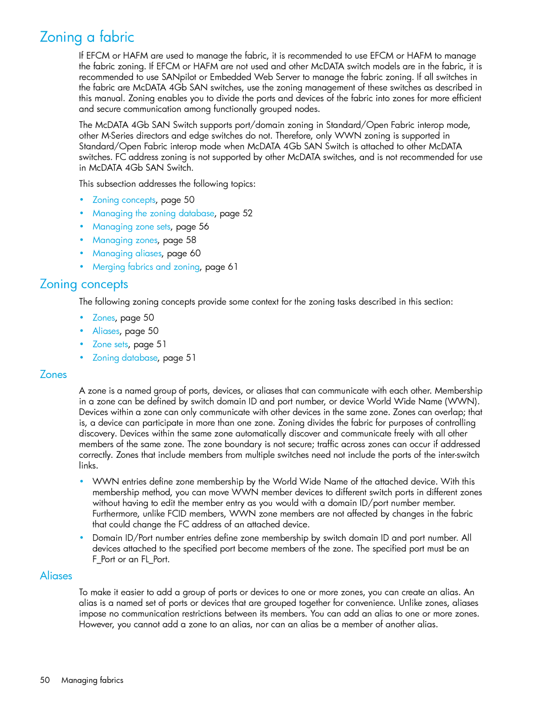 HP AA-RW20A-TE manual Zoning a fabric, Zoning concepts, Zones, Aliases 