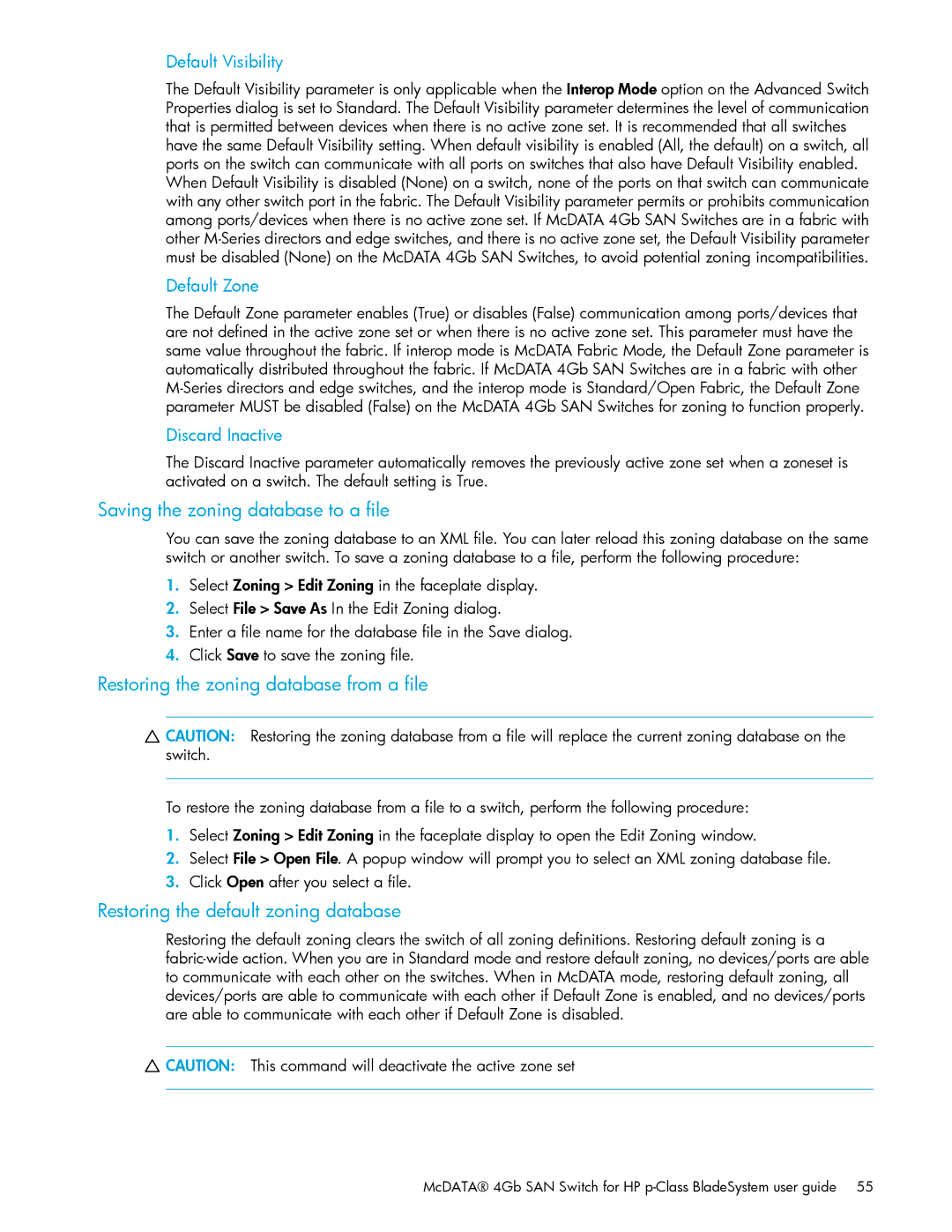 HP AA-RW20A-TE manual Saving the zoning database to a file, Restoring the zoning database from a file 