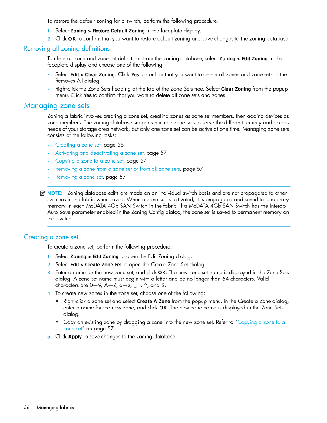 HP AA-RW20A-TE manual Managing zone sets, Removing all zoning definitions, Creating a zone set 